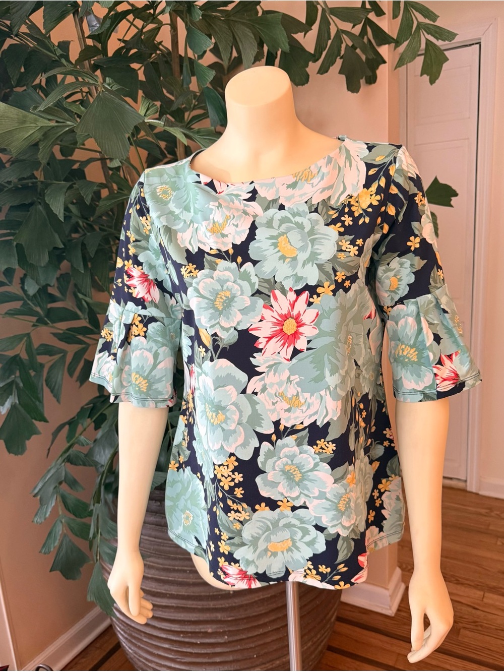 Charter Club Macy’s Floral Navy and Mint Women's Blouse